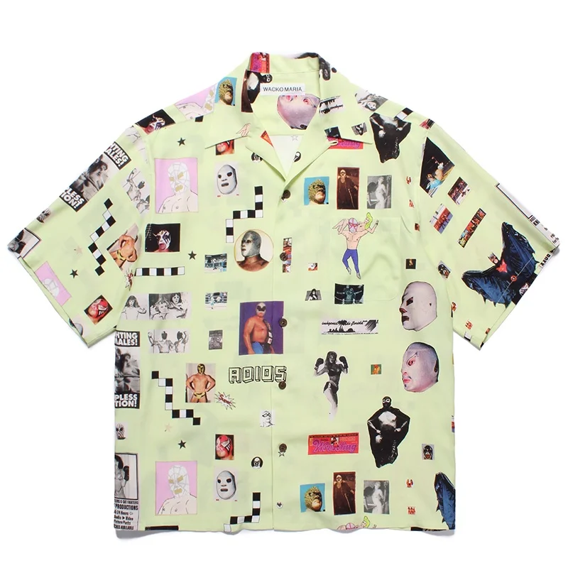 WACKO MARIA 25SS Mens Womens Trendy Summer New Full Print Film Wrestling Portrait Casual Graffiti Hawaii Short Sleeve Shirt