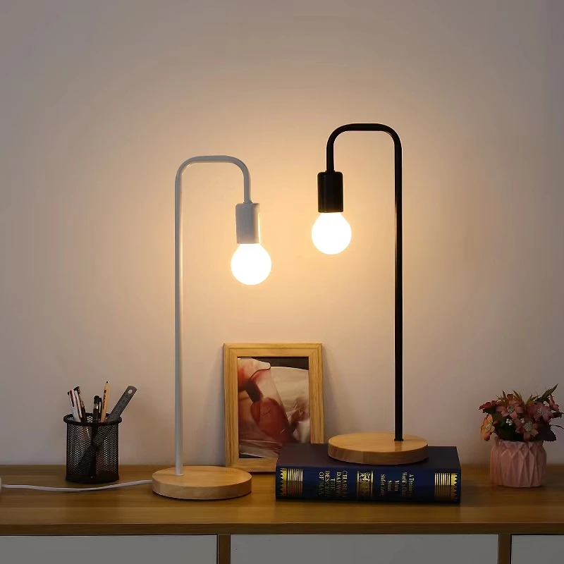 Loft Vintage lampa biurkowa E27 czarny biały żelazny pręt amerykańska wieś drewniane lampy stołowe Nordic nocna oprawa oświetleniowa do czytania