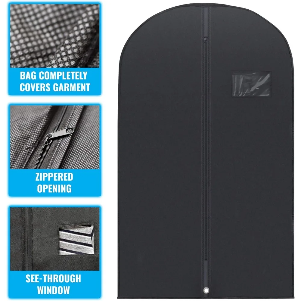 Bolsas de roupas pretas de 40 polegadas para armazenamento de viagens e armário, capas de roupas suspensas com janela transparente - pacote com 10
