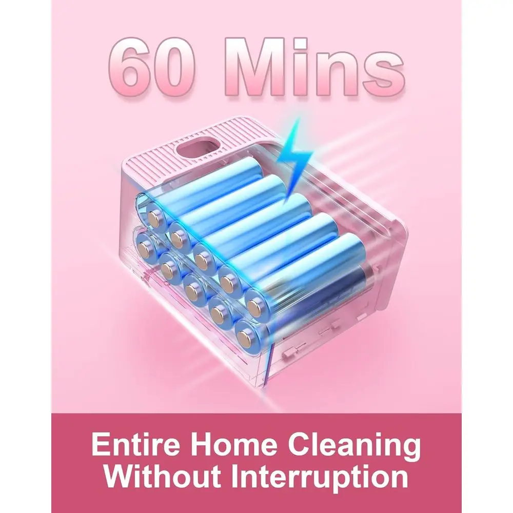 مكنسة كهربائية لاسلكية وردية 550 وات، شفط 45 كيلو باسكال، وقت تشغيل 60 دقيقة، شاشة LED، فرشاة مضادة للتشابك للأرضيات الصلبة والسجاد