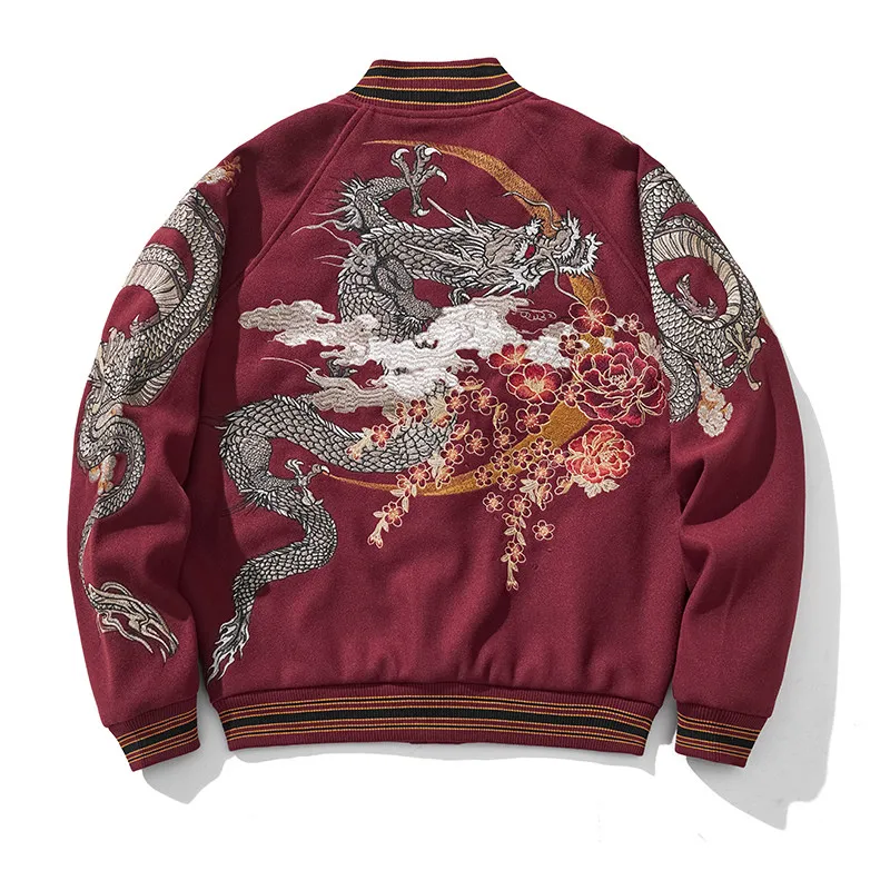 Asian Japanese Sukajan Style Embroidered Souvenir Jacket Outerwear Coat Double Shoulder Machine Embroidery Yokosuka Woolen