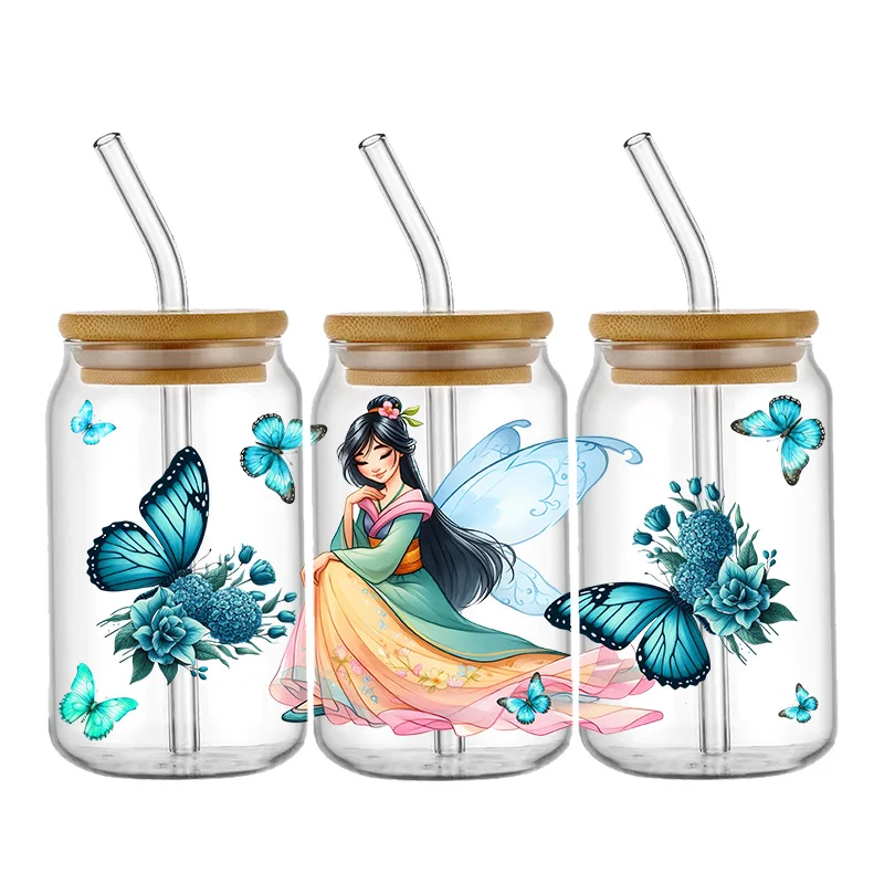 Stiker Transfer Kupu-kupu Lucu Putri Disney Stiker Pembungkus Mug DTF UV Tahan Air Stiker Pembungkus 3D DIY untuk Kaca Libbey 16Oz