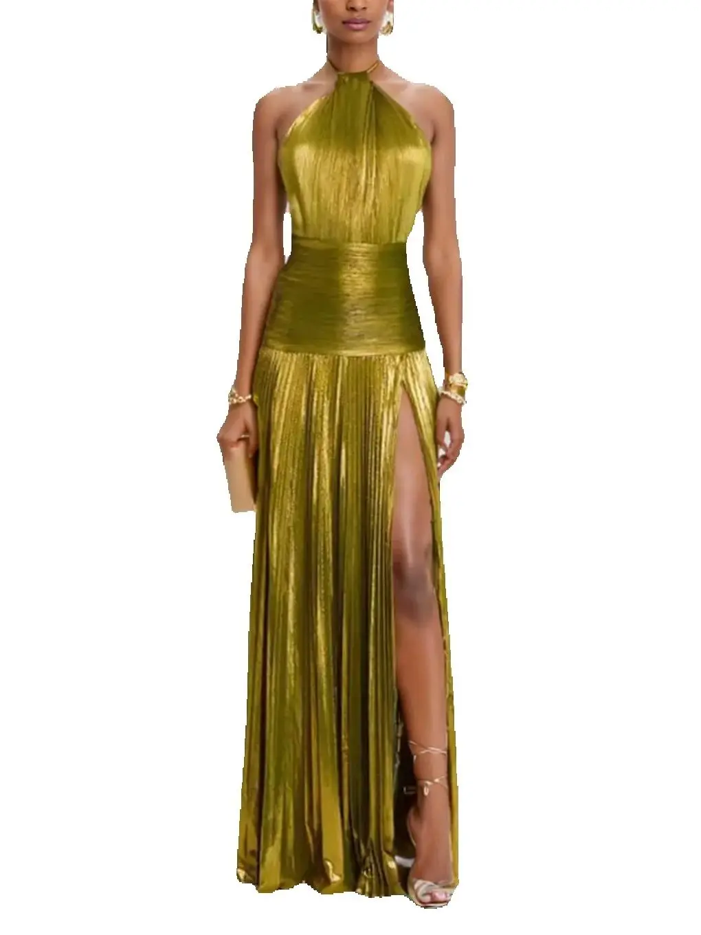 Vestido de noche formal largo plisado sin espalda con cuello halter sexy