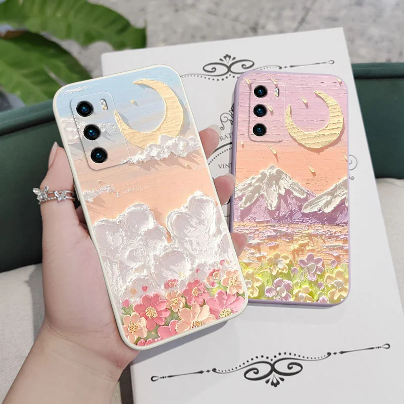 Oil Flowers Phone Case For Huawei P40 P50 P30 P20 Pro Lite Nova 5t Y7A Mate 40 30 20 Pro Lite Liquid Silicone Cover