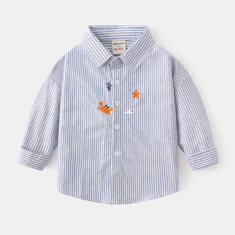 Spring Autumn Boys' Long Sleeve Shirt: Oxford Stripe Embroidered Shirts for Kids, 100% Cotton, Ages 3-8, Blue and White Stripes