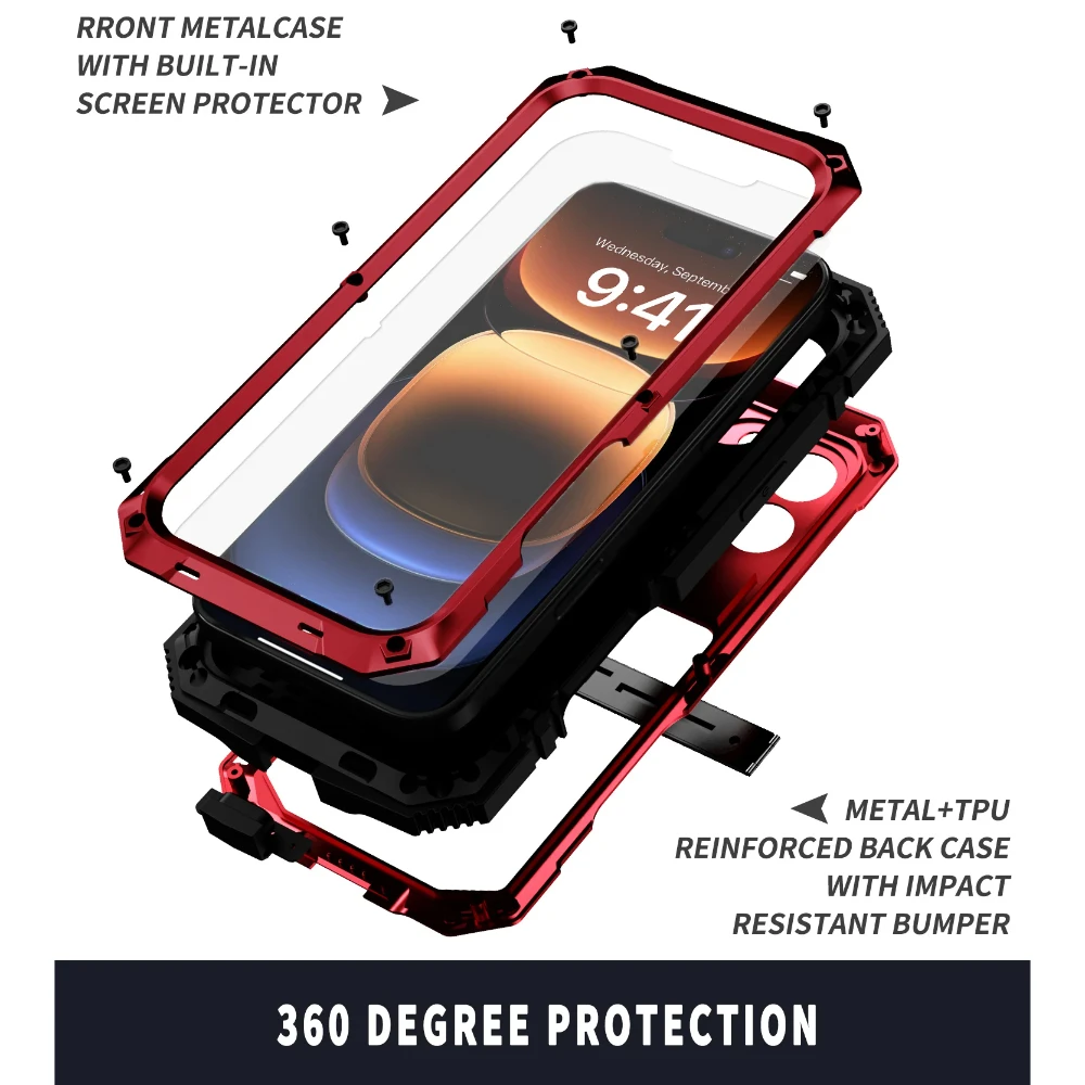 Armor Phone Case For iPhone 16 15 14 Plus 13 12 11 Pro Max Aluminum Metal Screw Bumper Heavy Duty Outdoor Sport Cover With Stand