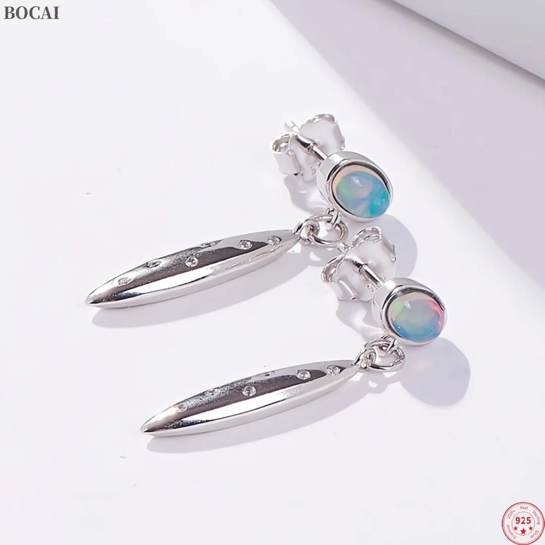 BOCAI New S925 Sterling Silver Drop Earrings for Women Inlaid Opal Geometric Long Strip Tassel Ear Drop Fine Choice Jewelry