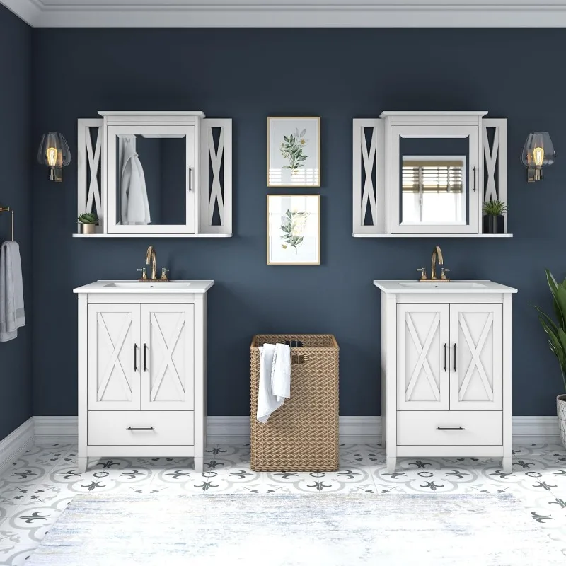 Key West 24W Bathroom Vanity with Sink in White Ash | Bath Room Ceramic and Wood Storage Solution for Powder Room