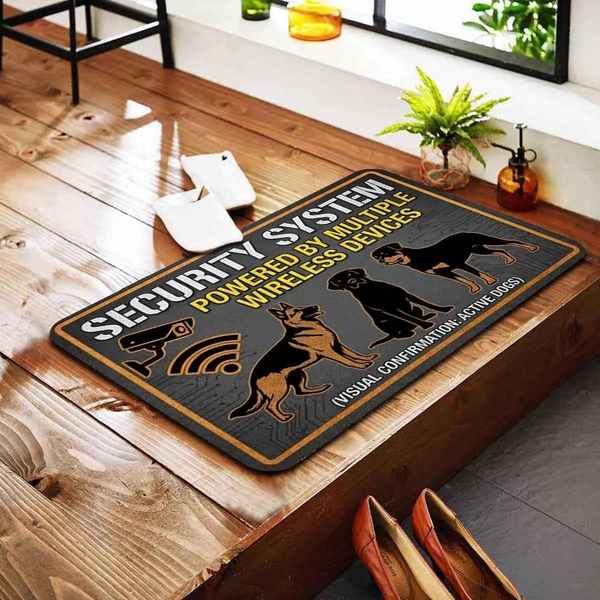Funny Security System Dogs Door Mat, German Shepherd Rottweiler Floor Rug, Pet Lover Warning Sign Carpet for Entrance Home Decor