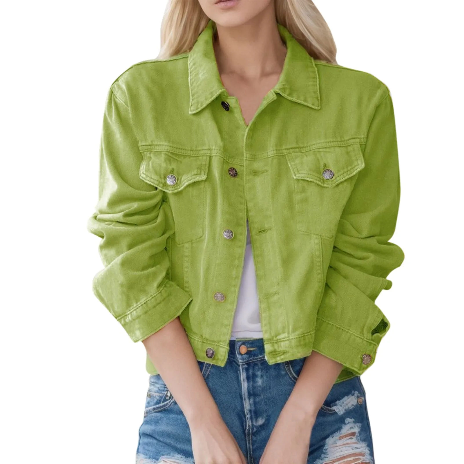 Vintage Stylish Womens Cropped Denim Jacket with Pockets