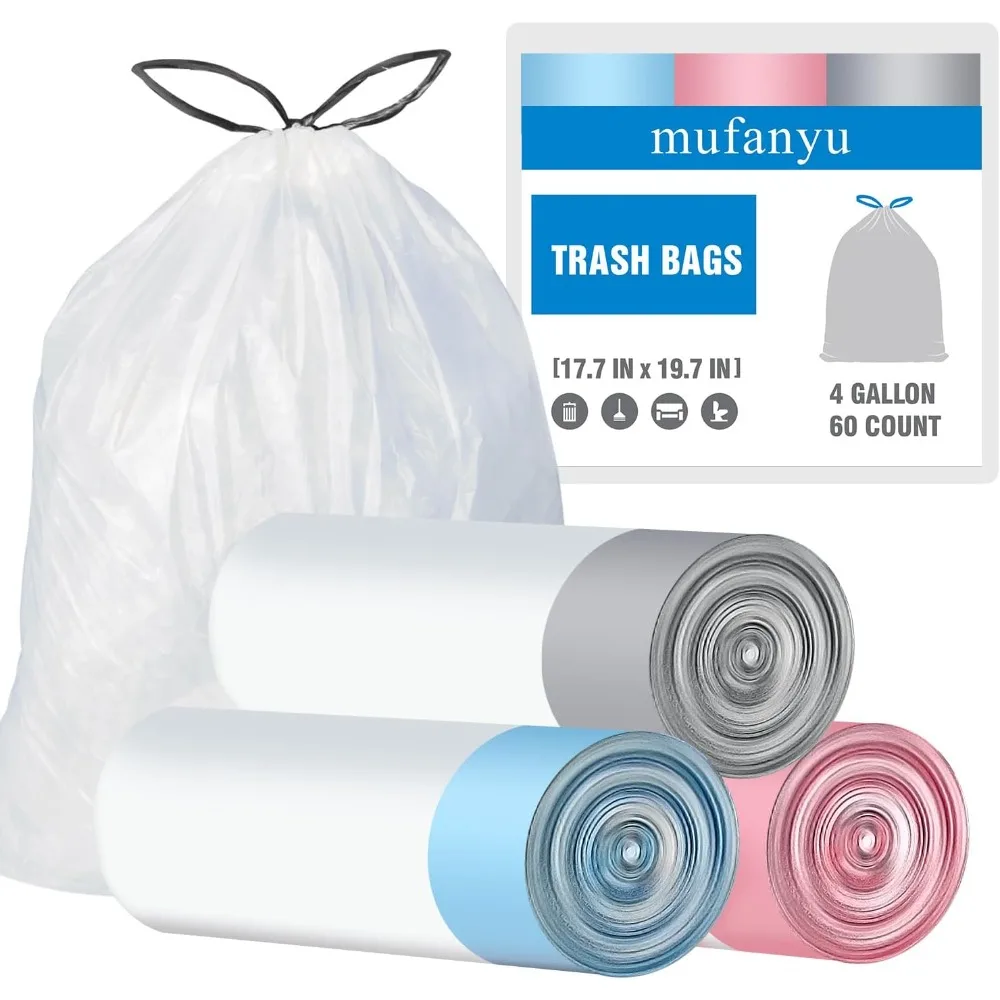 4 Gallon 60 Count Small Drawstring Trash Bags Unscented White, Strong and Durable Leak-Proof Garbage Can Liners, Perfect for Small Trash Cans in Kitchen Bathroom Office Bedroom Car RV, Fits 12 to 15 Liter Bins,