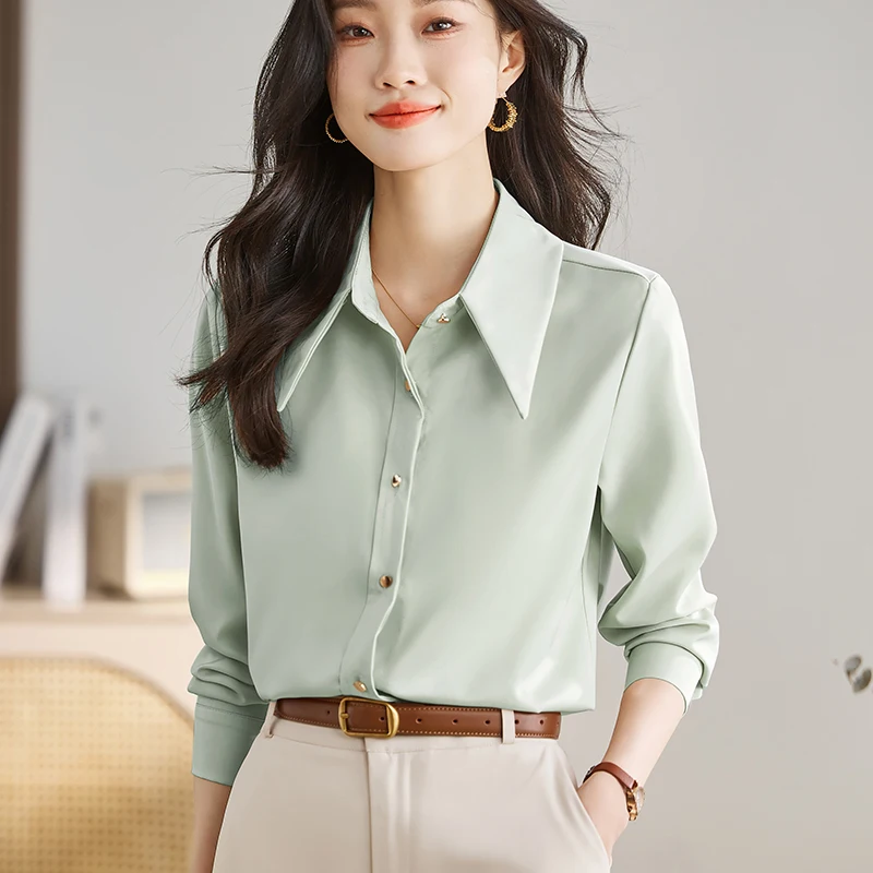 2025 senhora do escritório nova manga longa turn down collar camisa feminina branco preto cetim camisa blusa feminina topos de mujer n621