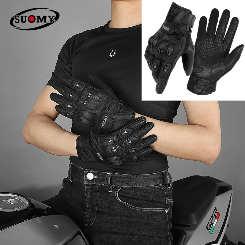 

SUOMY мотоциклетные перчатки из натуральной кожи с вентиляционной сеткой, летние противоскользящие защитные износостойкие перчатки для верховой езды с сенсорным экраном