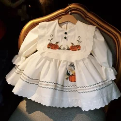 0-12Y Baby Girl White Pumpkin Embroidery Turkish Vintage Spanish Princess Dress for Eid Casual Party