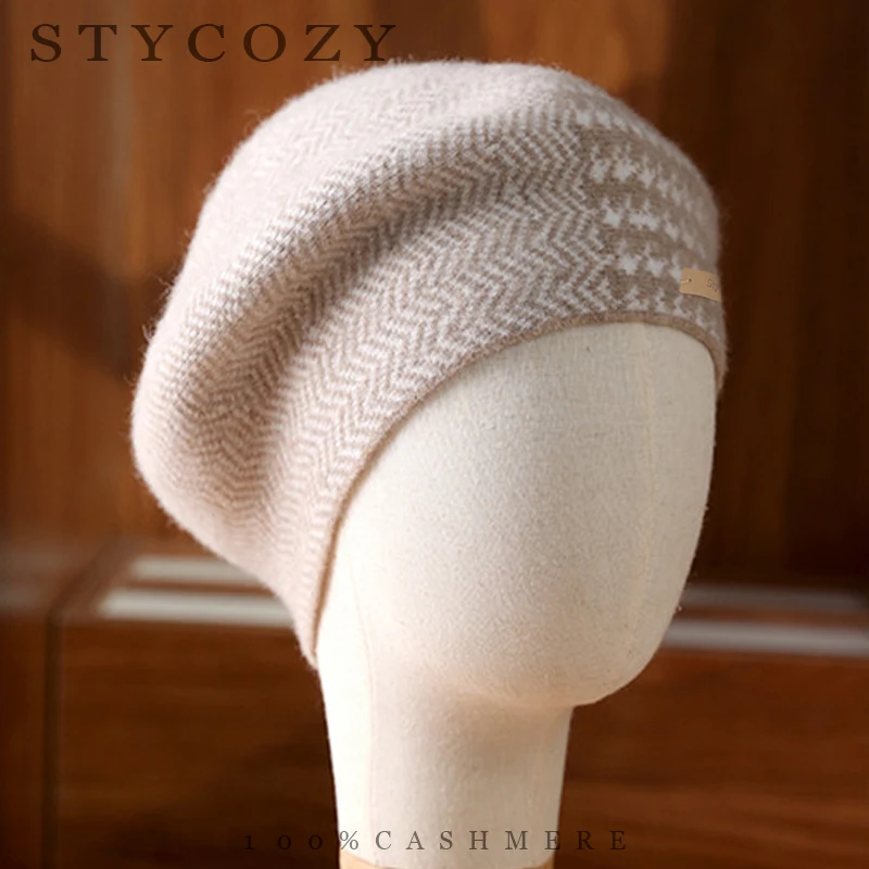 100% Cashmere Beret Women'S Autumn And Winter Thousand Bird Grid Color Blocked Knitted Hat Fashion Jacquard Painter'S Hat