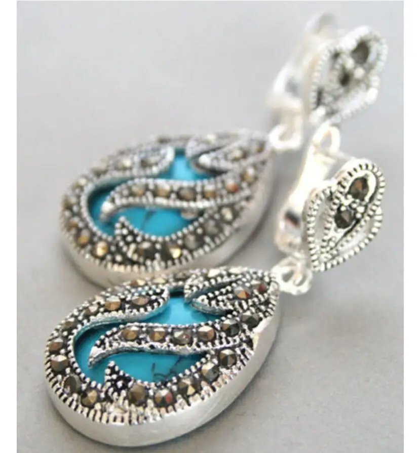 

11/2" fashionable jewelry 925 Silver & Marcasite inlay blue Natural Turquoise Waterdrop Earrings