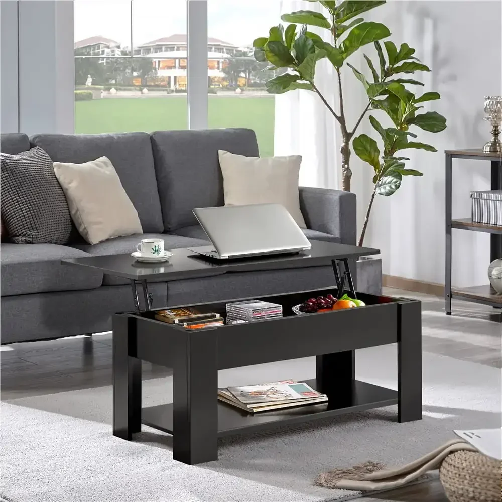 Table basse relevable moderne noire, compartiment GNE, rangement pour salon, 39 po