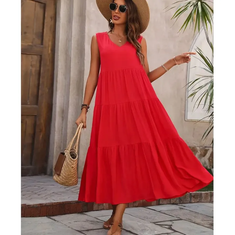 Solid Color Sleeveless Women's Long Dress Elegant Holiday V-neck Pullover Layered Patchwork Hem Loose Cake Dress New Style 2025