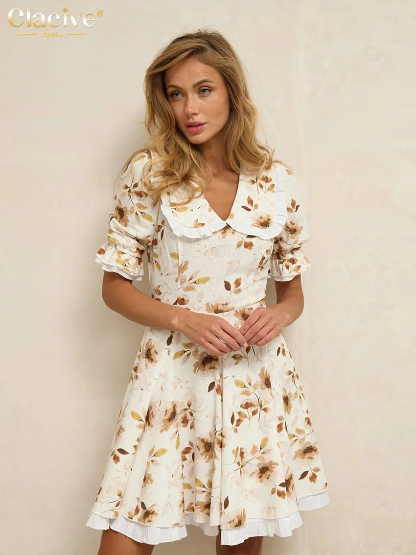 

Clacive Summer Loose Print Women Dress Fashion Lapel Short Sleeve Mini Dresses Elegant Classic High Waist Pleated Female Dress