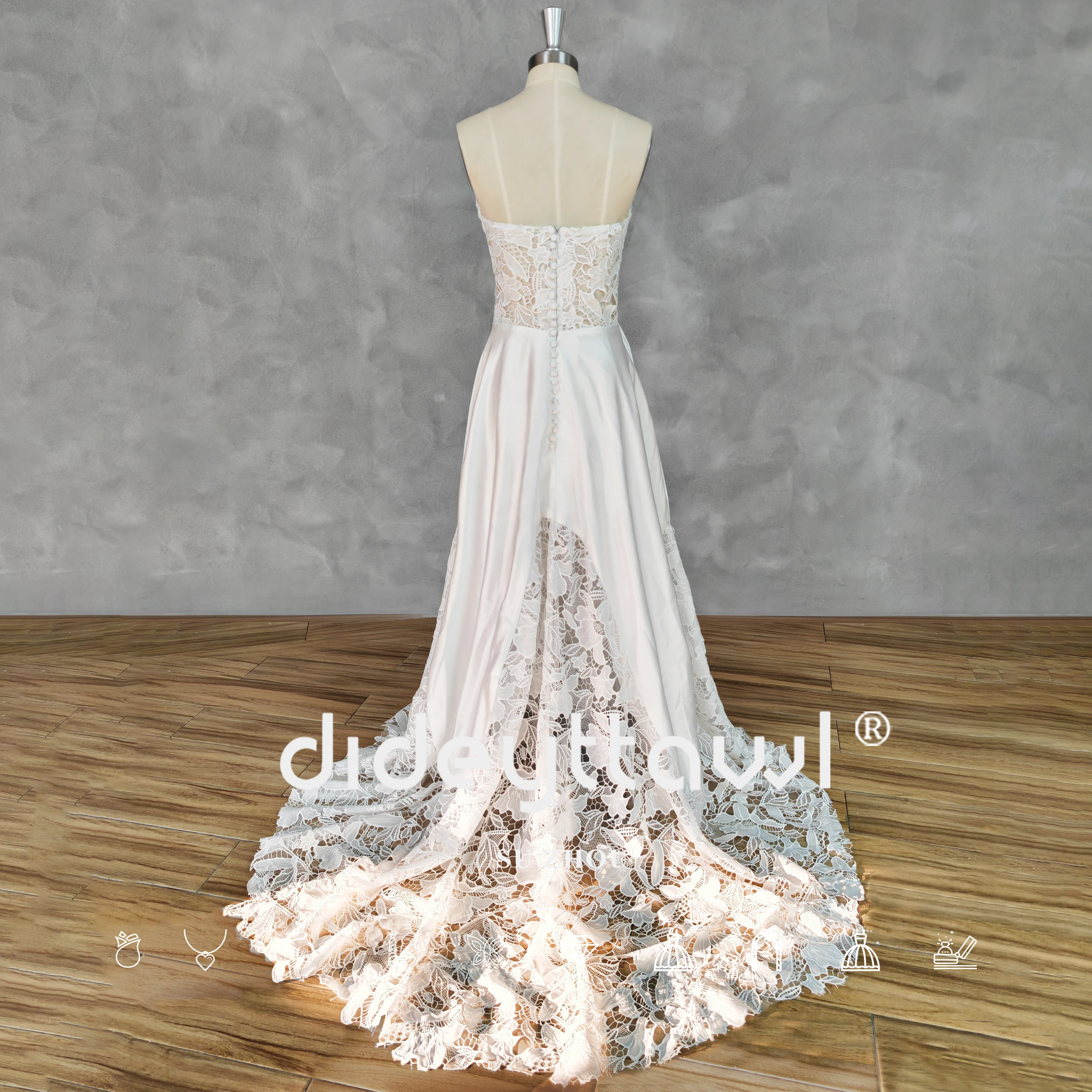 DIDEYTTAWL Real Picture Sleeveless Sweetheart Lace A-Line Wedding Dress For Women Satin Zippeer Back Court Train Custom Made