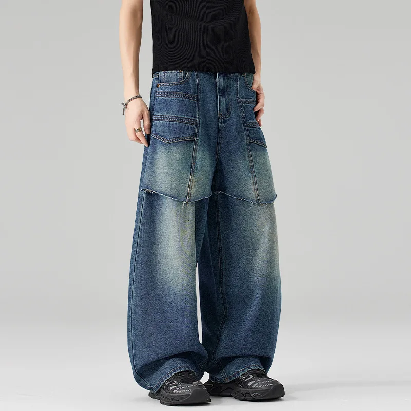 Men's Blue Spliced Casual Trendy Simple Basic Cool Baggy Wide Leg Denim Trousers Male American New Fashion Clothes Jeans Pants