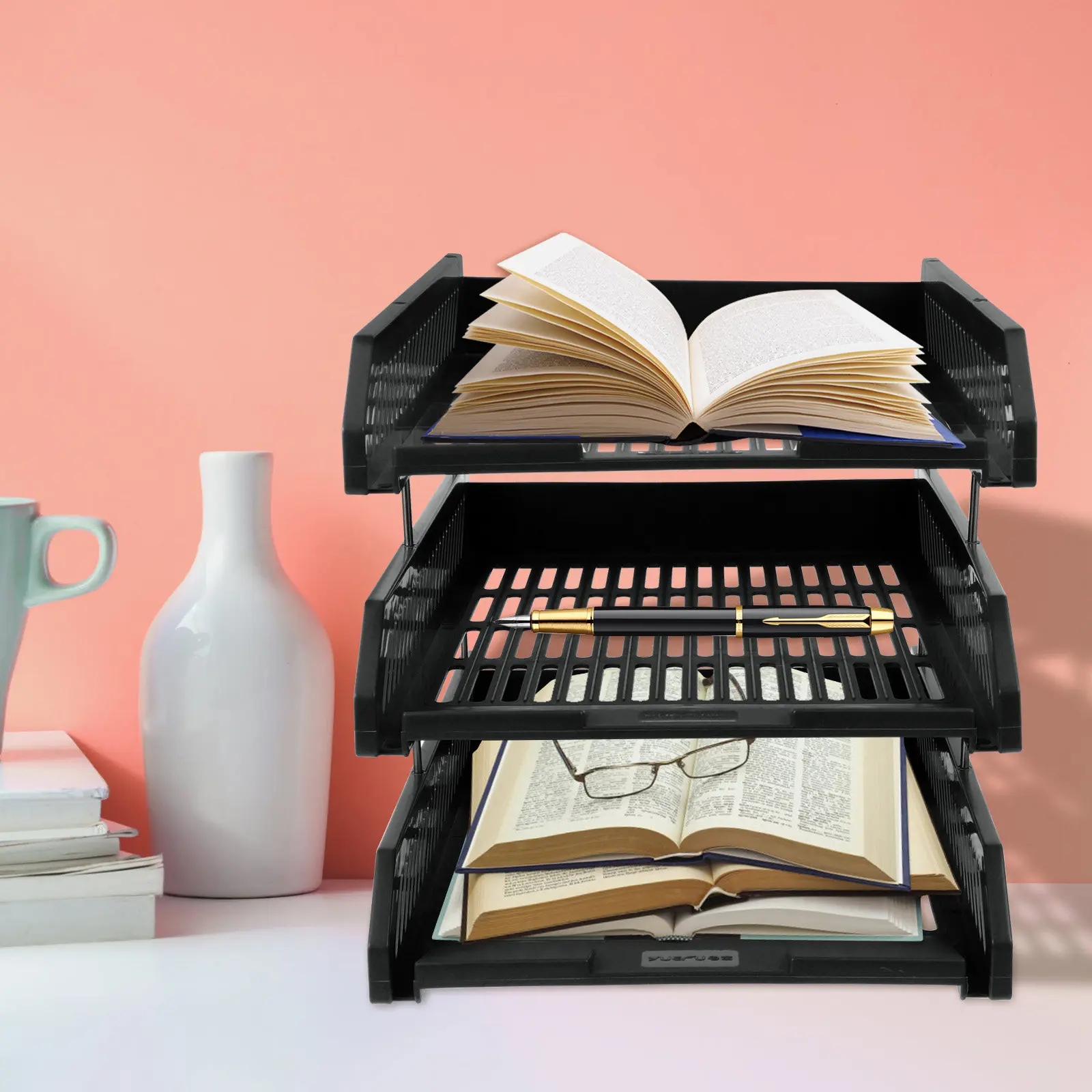 

Настольный органайзер для файлов, 3-уровневая подставка для документов для офиса, прочный держатель для журналов и книг, улучшает эффективность работы, компактный.