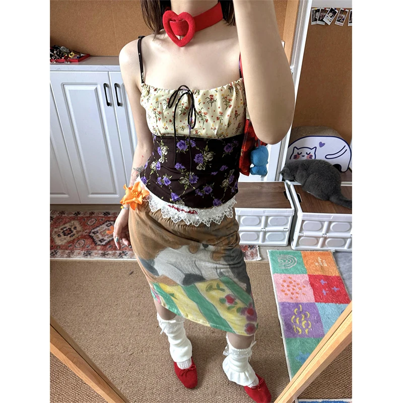 Y2K Cartoon Print Mini Skirt Women Japanese Harajuku Lace Hip Wrap Skirts Summer Vintage Streetwear Grunge Design A Line Faldas