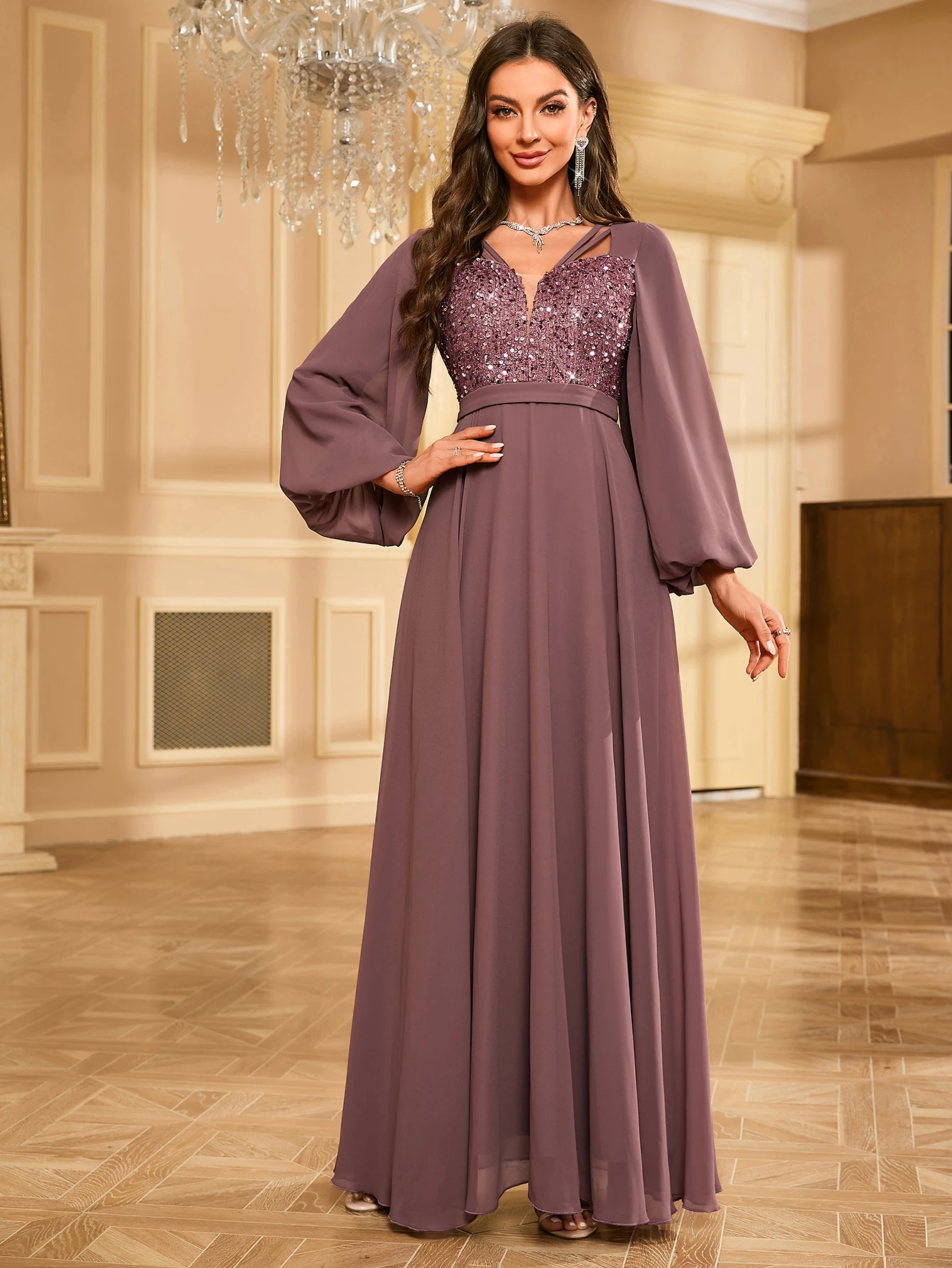 UNITHORSE  Elegant V-neck lantern sleeve sequin embellished chiffon evening gown dress for women