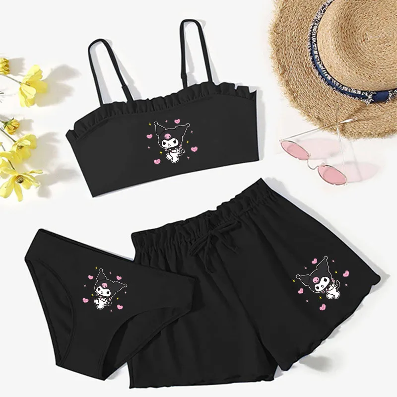 3 Stück Kinder Cinna moroll Badeanzug Set Kawaii Anime Kuromi Mädchen Cartoon Weste Unterhose Shorts Bikini Strand kleidung schnell trocknen