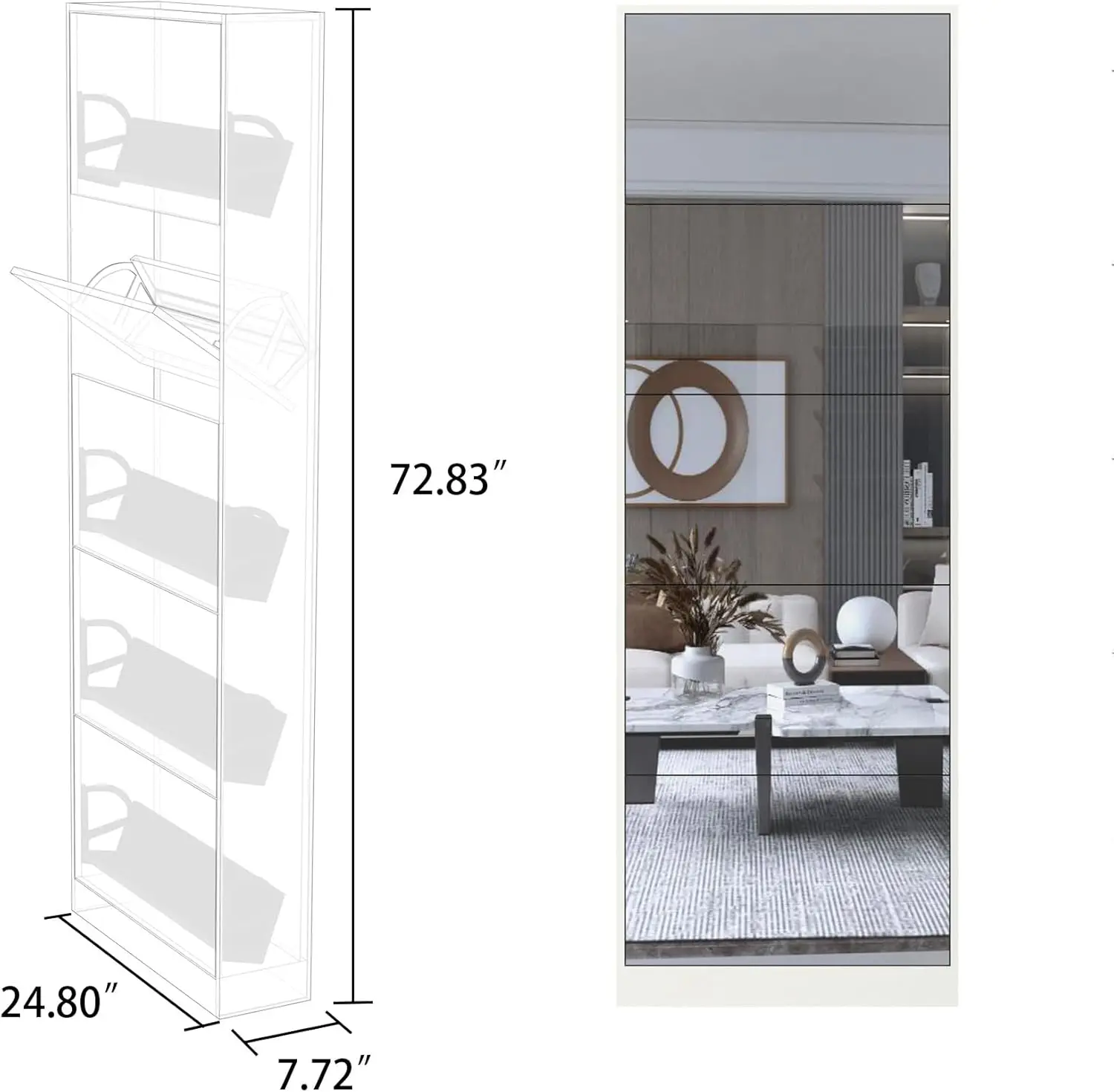Shoe Cabinet with Mirror Drawers, Freestanding Shoe Rack Organizer with 5 Flip Drawers, Modern Full Length Mirror Shoe Storage image 2