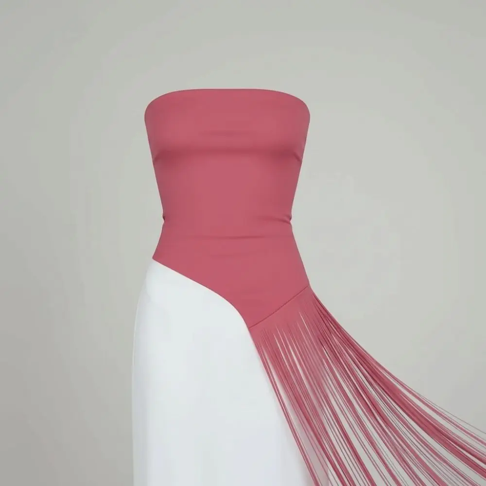 Slim Fit Off Shoulder Top Patchwork Design Solid Color Asymmetry Top Form-Fitting Fringe Detail Sleeveless Top Street Fashion