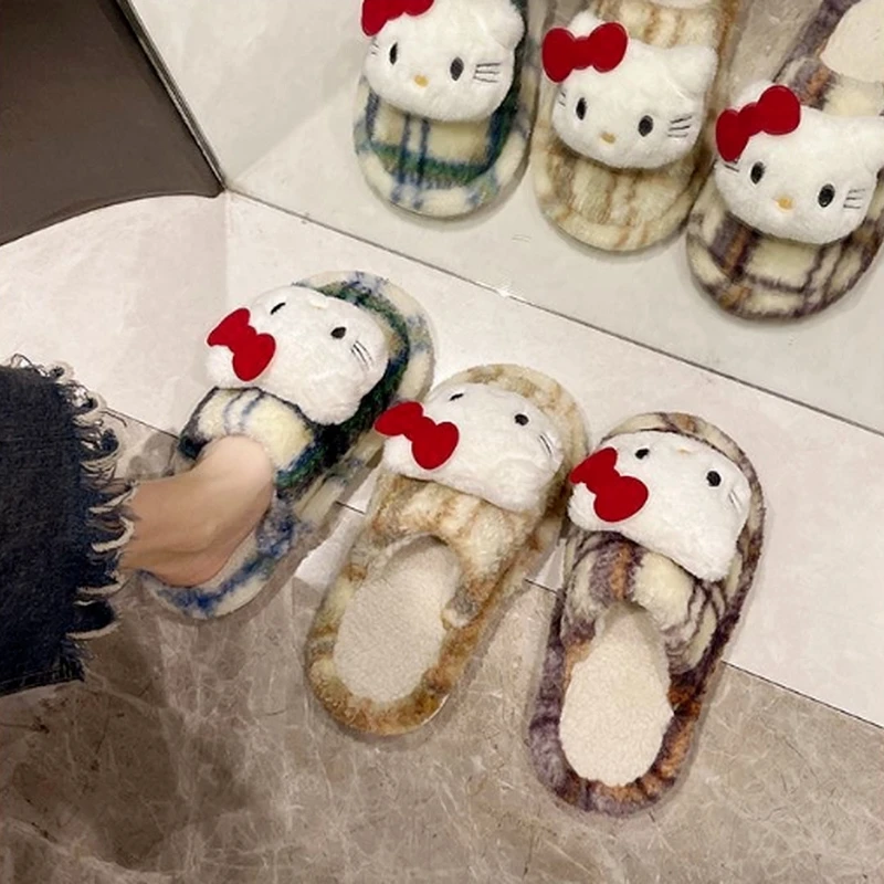 لطيف مرحبا كيتي نعال قماش Ins نمط الخريف الشتاء المنزل الدافئة عدم الانزلاق تهوية شبشب قطني أنيمي المحيط هدية المنزل