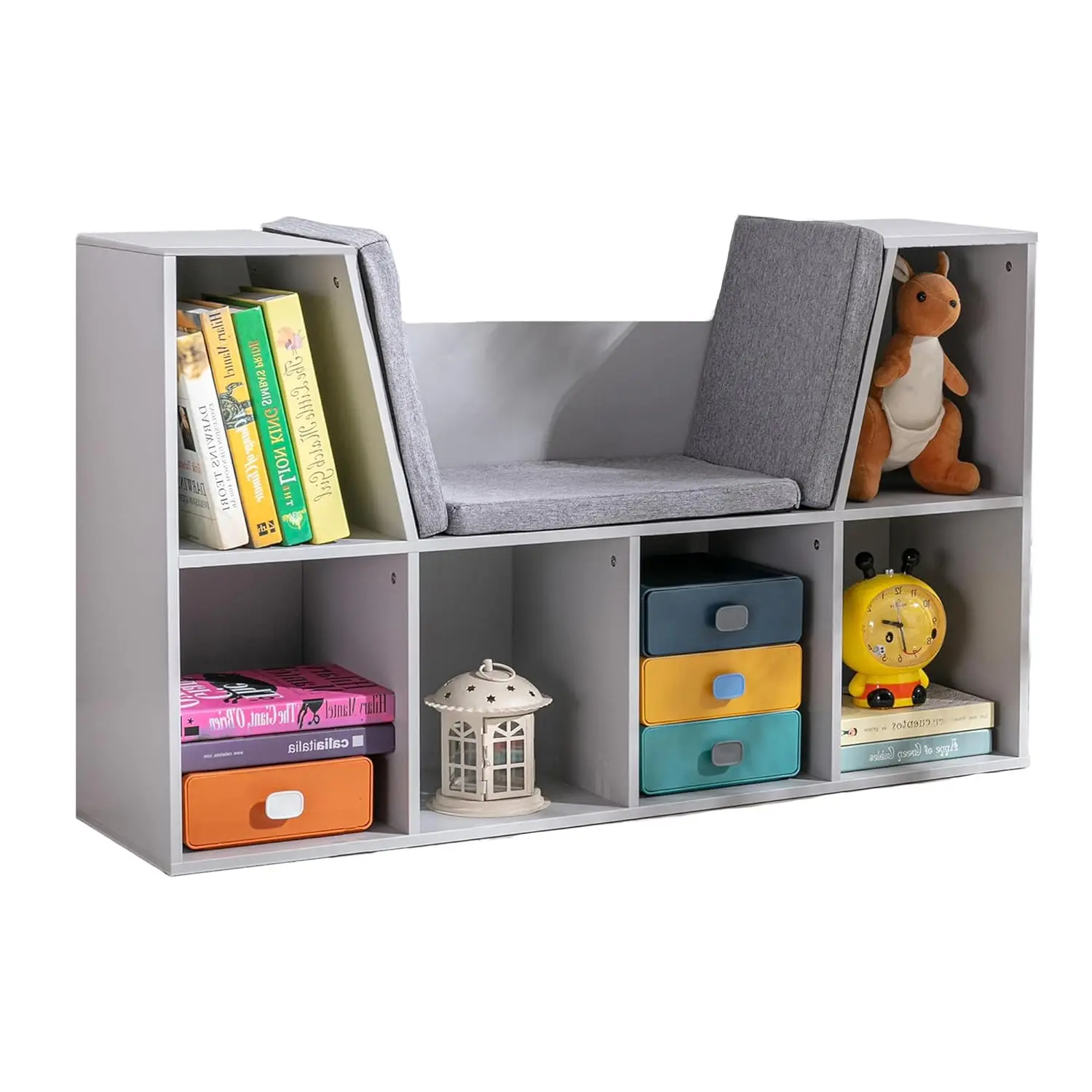 Bookcase with Reading Nook and Cushion, Multi-Purpose Storage Organizer for Bedroom, Living Room, Grey