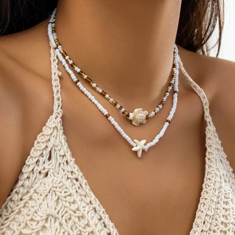 Bohemian Doppel Reis Perle Kette Schlüsselbein Halskette für Frauen Acryl Schildkröte Seestern Anhänger Halsband Sommer Strand Mode Schmuck – Detail 1