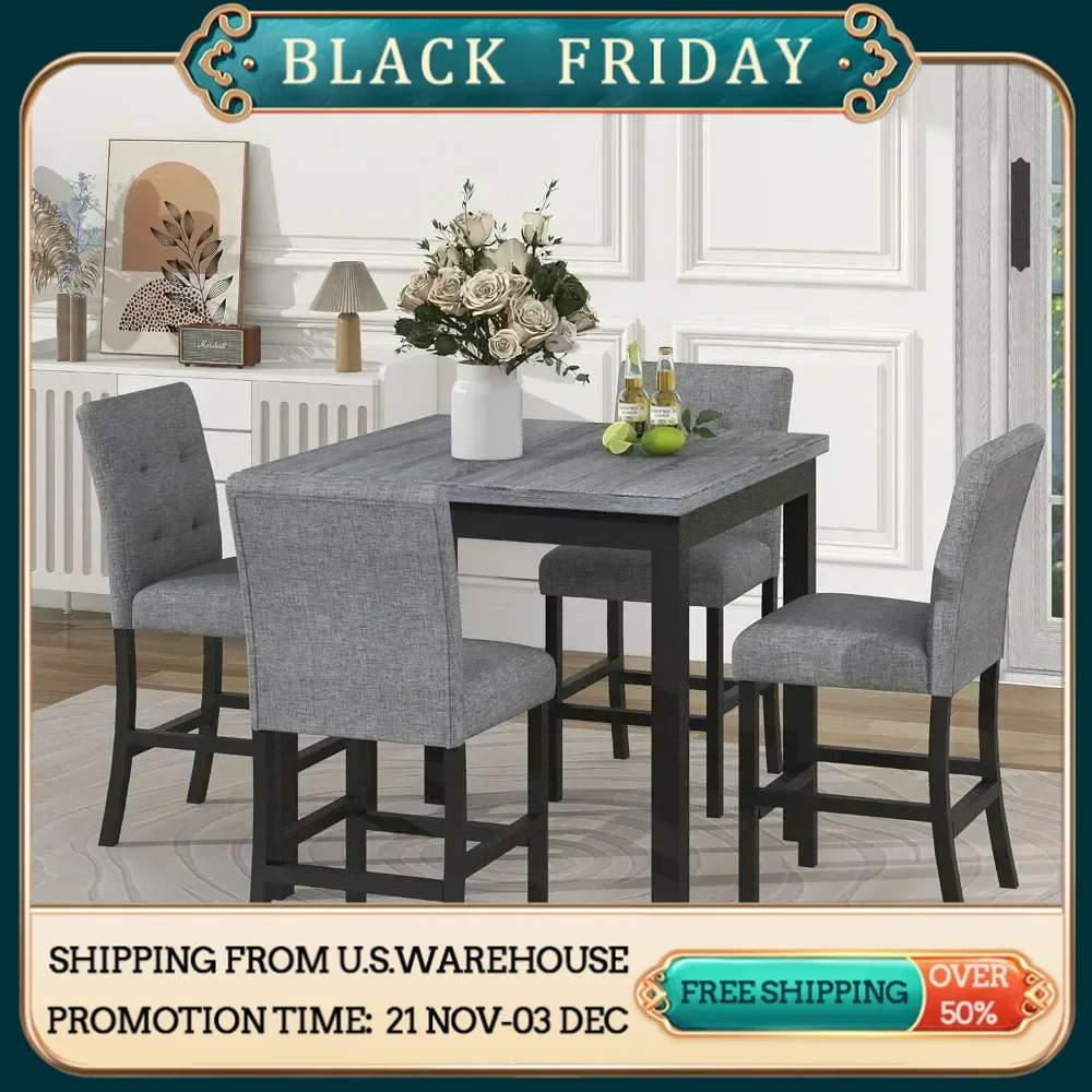 Counter Height Dining Table Set for 4 High Top Square Kitchen Table and Chairs Dinning Room Pub Table and High-Back Chairs Set