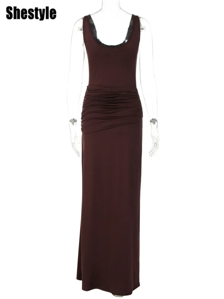 Shestyle-Vestido largo marrón liso para mujer, sin mangas, ropa de moda de primavera 2026, cuello en U, vendaje, tendencia, nuevo diseño, prendas de vestir elásticas