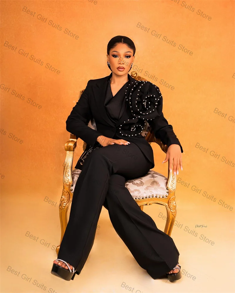 

Black Women Suit Set 2 Pcs Blazer+Pants Trousers 3D Flower Beaded Formal Office Lady Jacket Customized Wedding Coat
