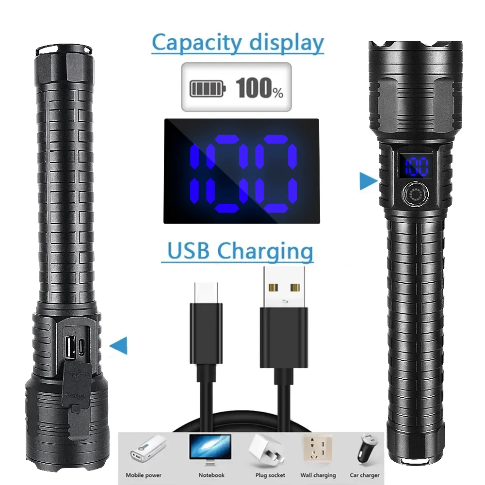 1900000LM High Powerful LED Flashlight Super Bright Rechargeable Zoom Tactical Torch Outdoor Camp Lamp Ultra Powerful Flashlight