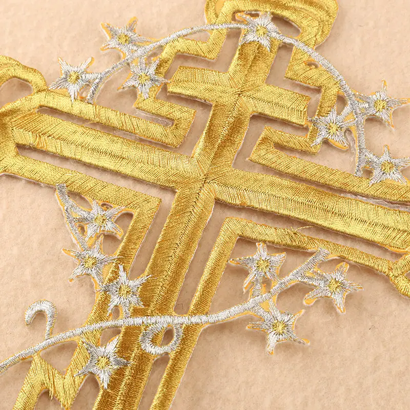 Gold Silver Cross Embroidery Patches for Clothing Sewing Applique Stickers DIY Stripes Jesus Cross Iron On Patches