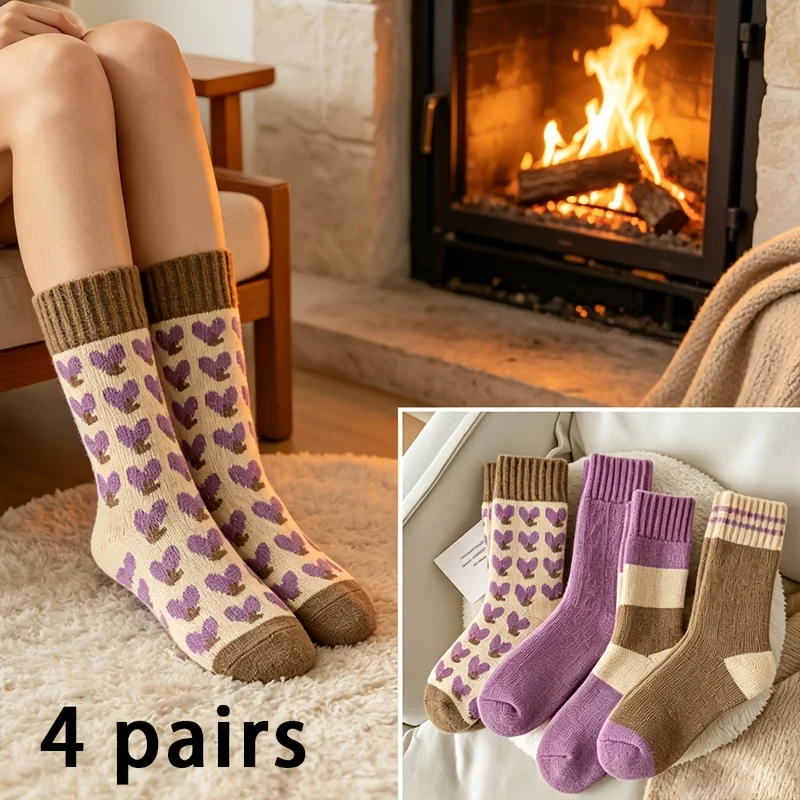 8/4 Pairs of Socks with Random Styles for Men and Women, Trendy Purple Terry Mid-Tube Socks, Fleece-Lined and Thickened Socks for Autumn and Winter, Sports and Home Socks, Fashionable and Versatile Trendy Socks