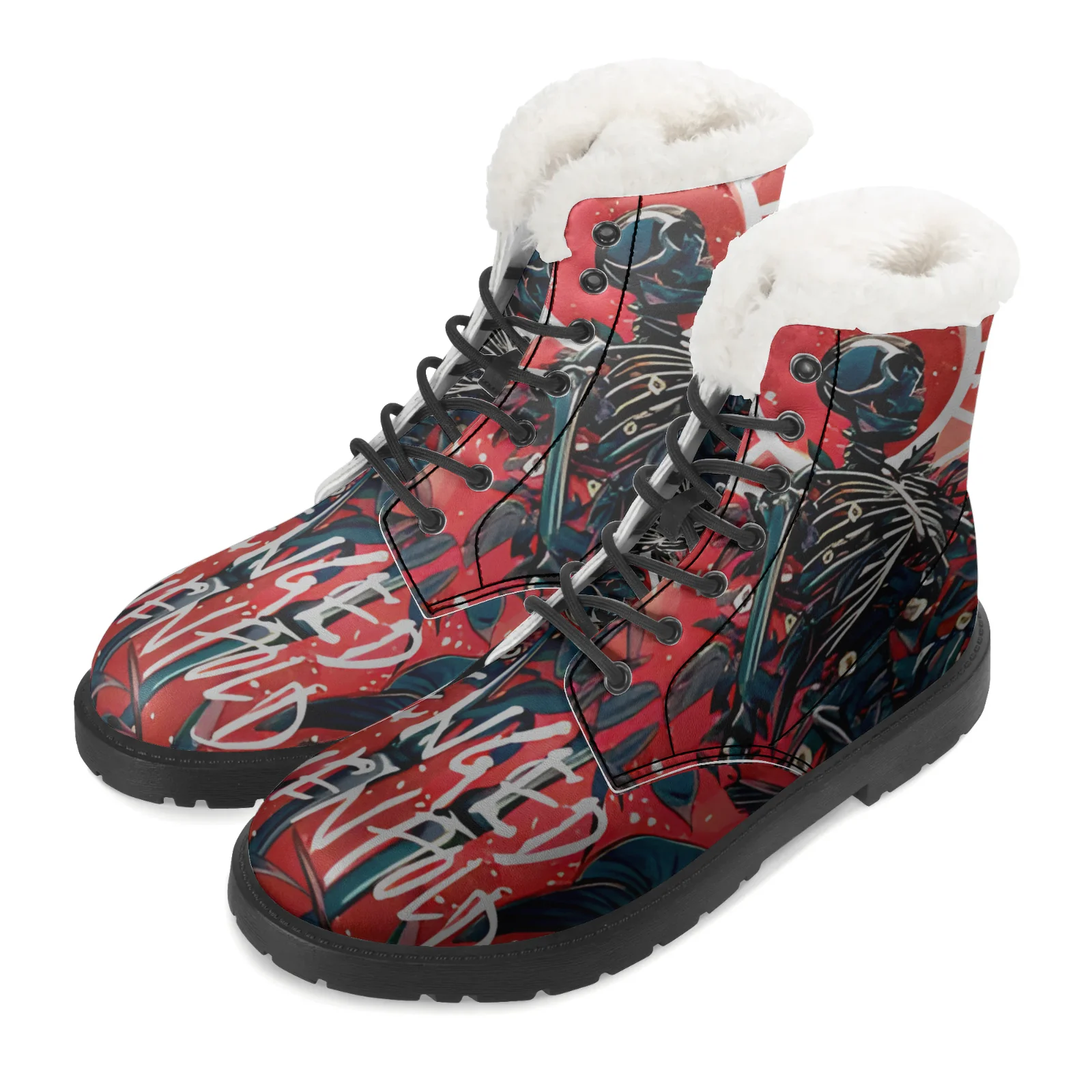 

Black heavy metal skull print street style plush boots for men and women casual boots lightweight and warm snow boots