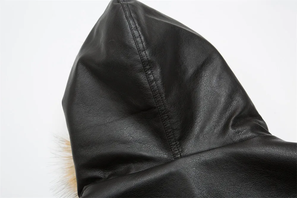 2025 Winter Männer Haarigen Kragen Mit Kapuze PU Leder Jacke Bomber Baumwolle Dicke Warme Mantel Amerikanischen Stil Oberbekleidung – Detail 9