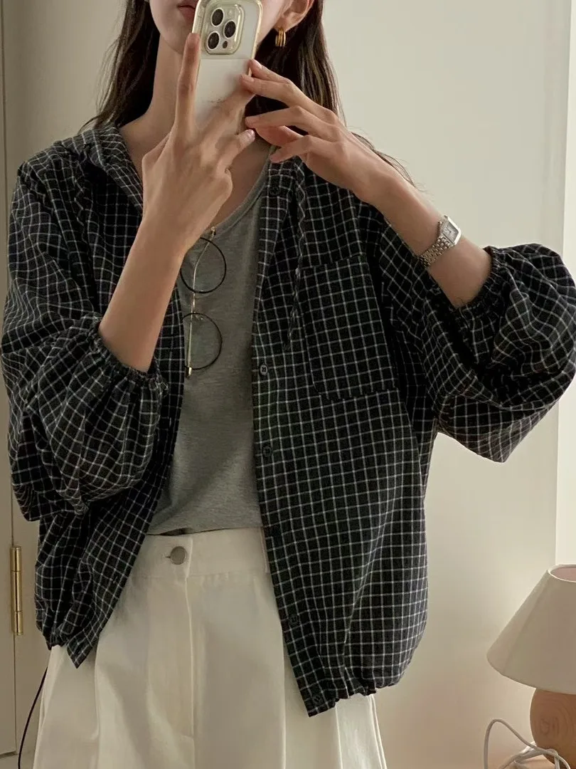 Rétro Plaid à capuche irt Jaet femmes coréen Sle début automne nouveau Cardigan ouvert irt Ele simple bouton Long Sve haut