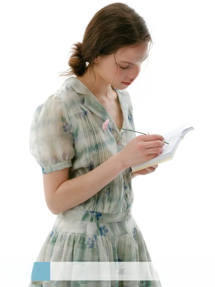 

French Sle Loose Fit irt Printed Accordion Pleats ell Button Casual Top Small ence Design Summer Faion Ladies' irt