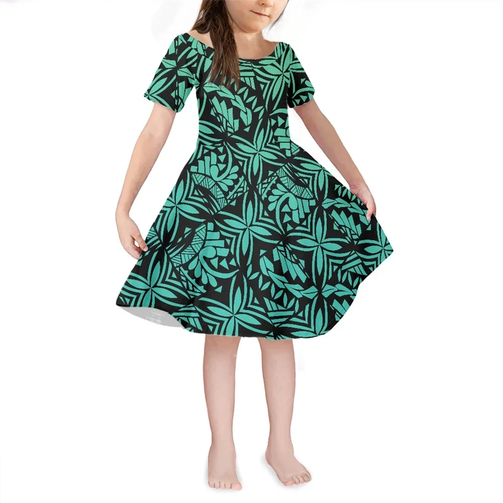 Factory Outlet Summer Girl Dresses 2023 Custom Polynesian Tribal Clothes Hibiscus Samoa Fijian Print Kid Party Knee-length Dress