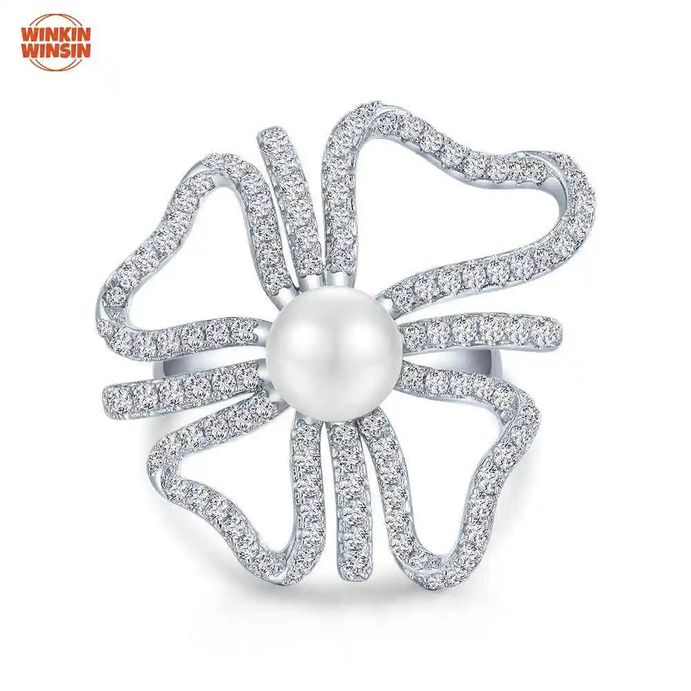 

Winkin Winsin Natural Pearl 8mm Hollow Silver Ring Full Inlaid Diamond Open Adjustable Ring