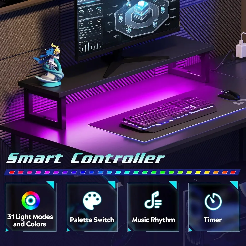 Escritorio para juegos en forma de L de 43 pulgadas con iluminación LED con tomas de corriente para espacios pequeños, escritorio esquinero para computadora para una configuración de PC resistente
