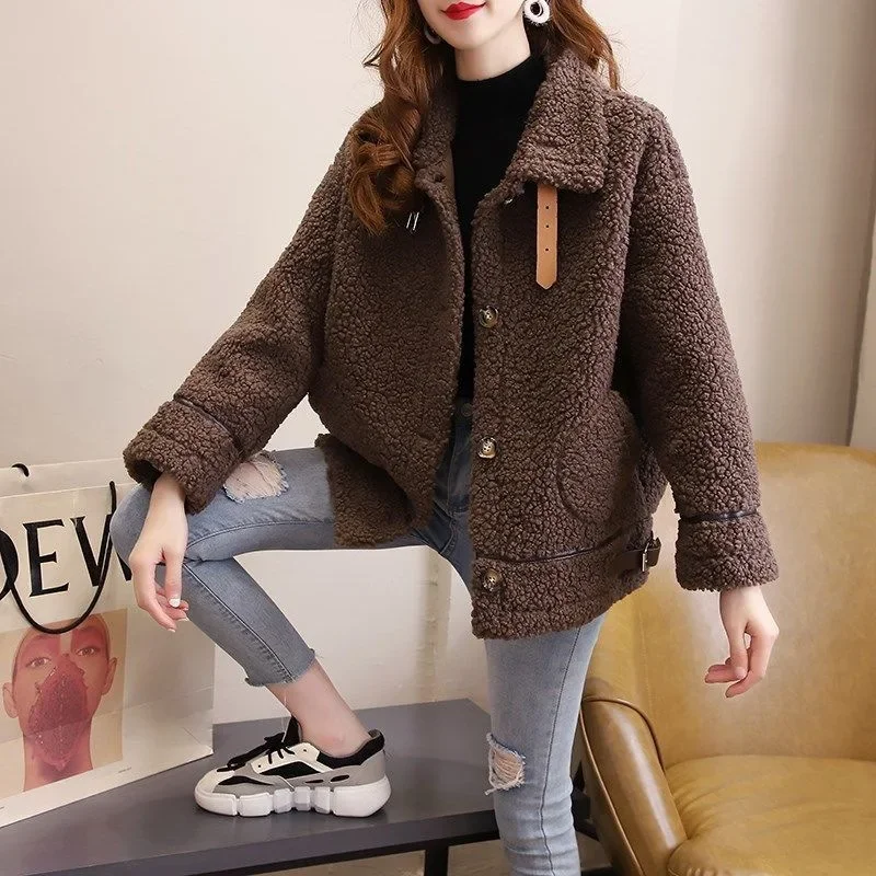 Women's Autumn Winter Lamb Wool Coat Faux Fur Thickened Plush Warm Cardigan Women Single Breasted Loose Lapels Spliced Outerwear