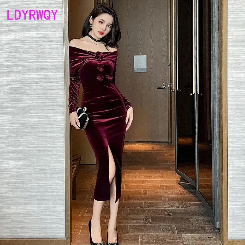 

Dress Long Dress 2023 Autumn/Winter New French One Line Neck Slim Fit Split Dress