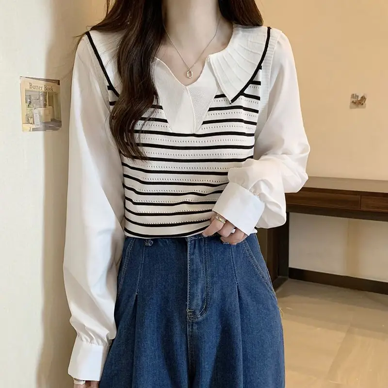 Spring Autumn Elegant Fashion Fake Two Pieces Tshirt Women Clothing Sweet Turn-down Collar Long Sleeve Top Striped Knit Pullover